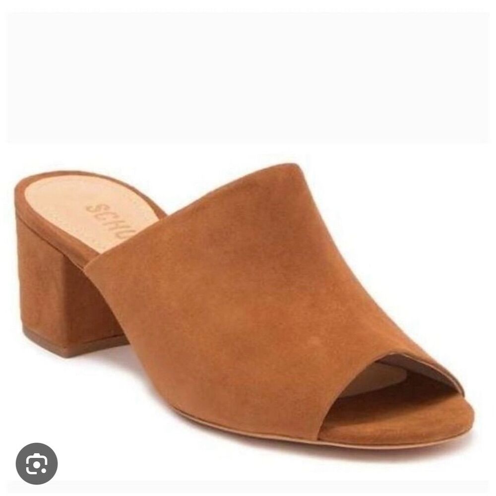 Schutz Women’s Timon Suede Peep Toe Mules Brown Size 9.5 Mid Heel Slip On Shoes